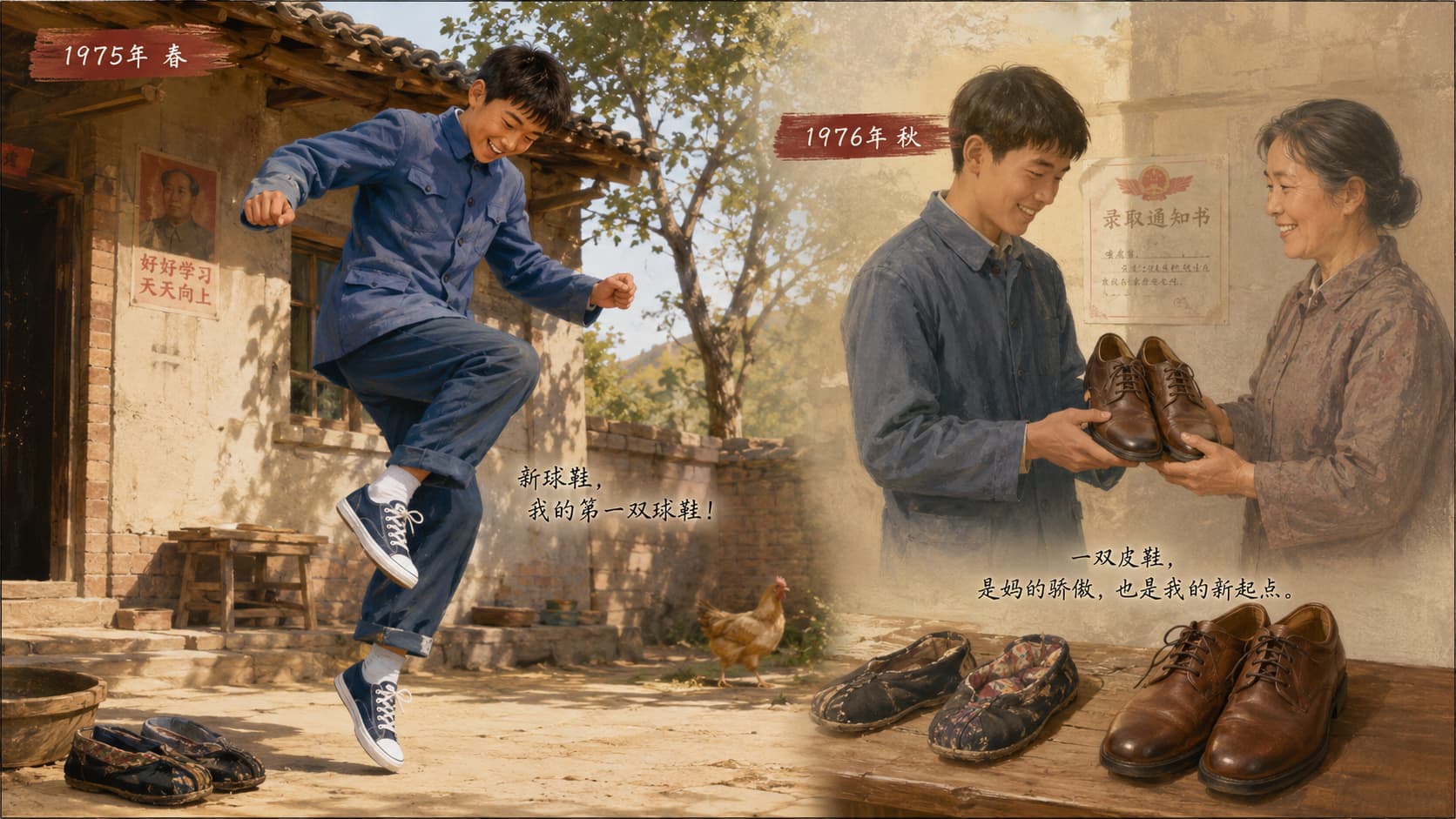 少年穿上第一双球鞋与皮鞋的瞬间，象征旧时布鞋向现代鞋履的过渡。